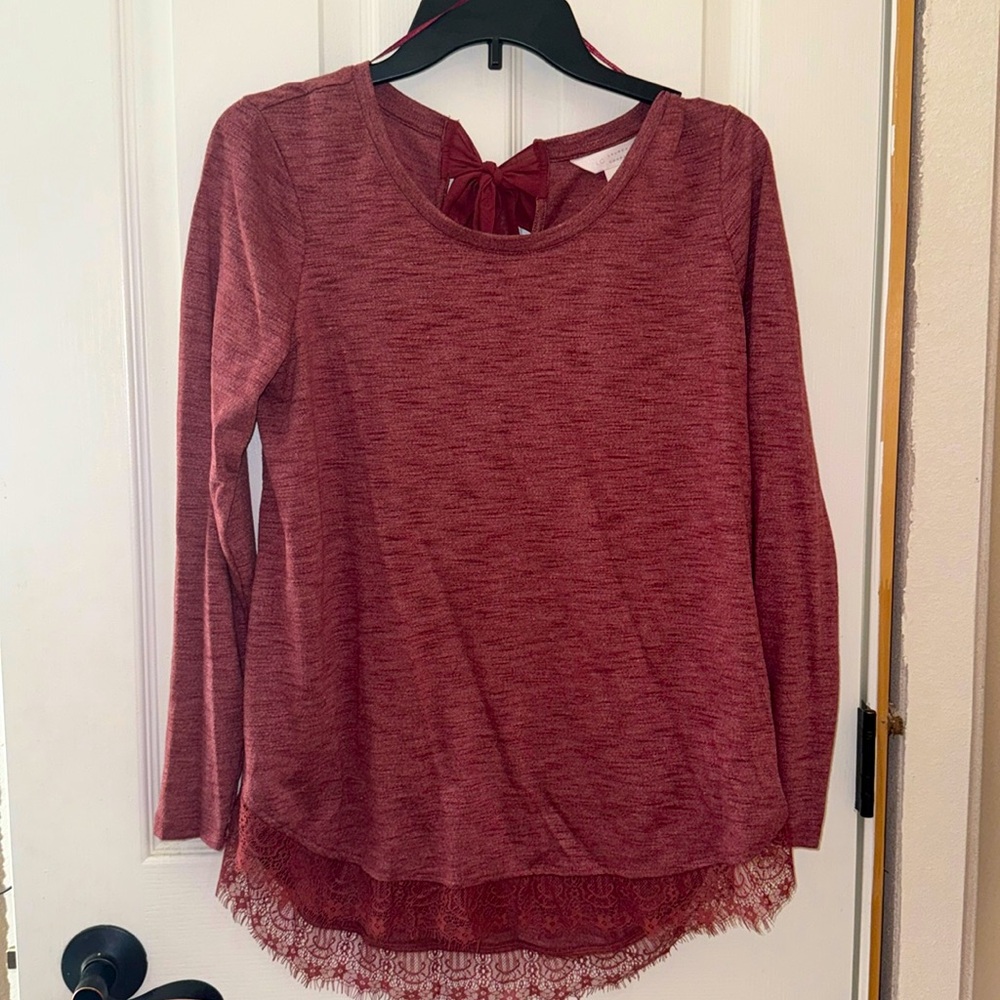 Lauren Conrad Mauve Lace Bow Back Long Sleeve Shirt